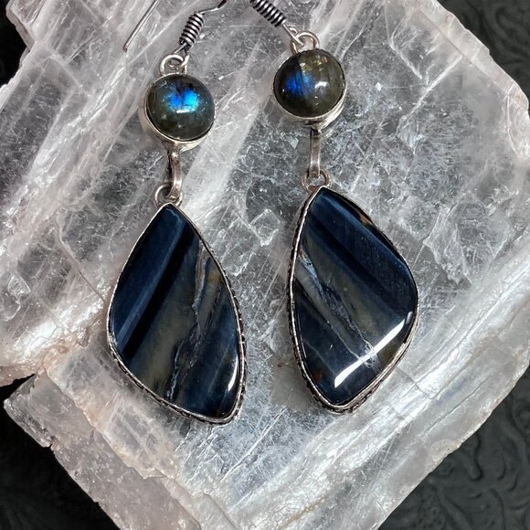 Labradorite and Blue Tigers Eye Hawk Eye Earrings Stone Crystal Jewelry - Picture 5 of 11